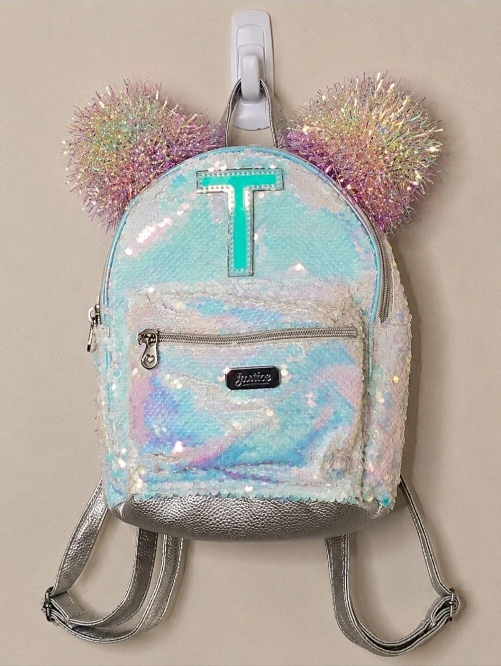 Justice Silver Flip Sequin Mini Backpack T Initial Pompom Metallic Glitter Bag